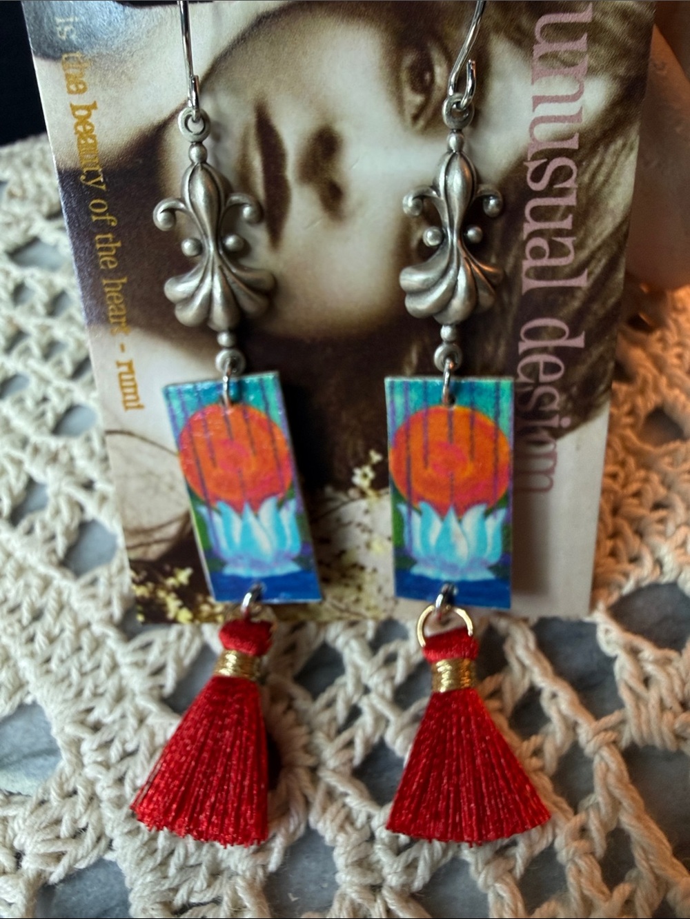 Handpainted Lotus Rectangle artboard Earrings with Red Tassels